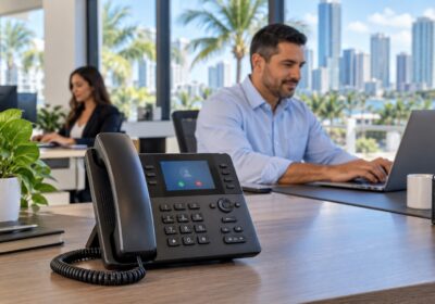 Close-up of a desk phone in an office with a man working in the background and the Miami skyline
