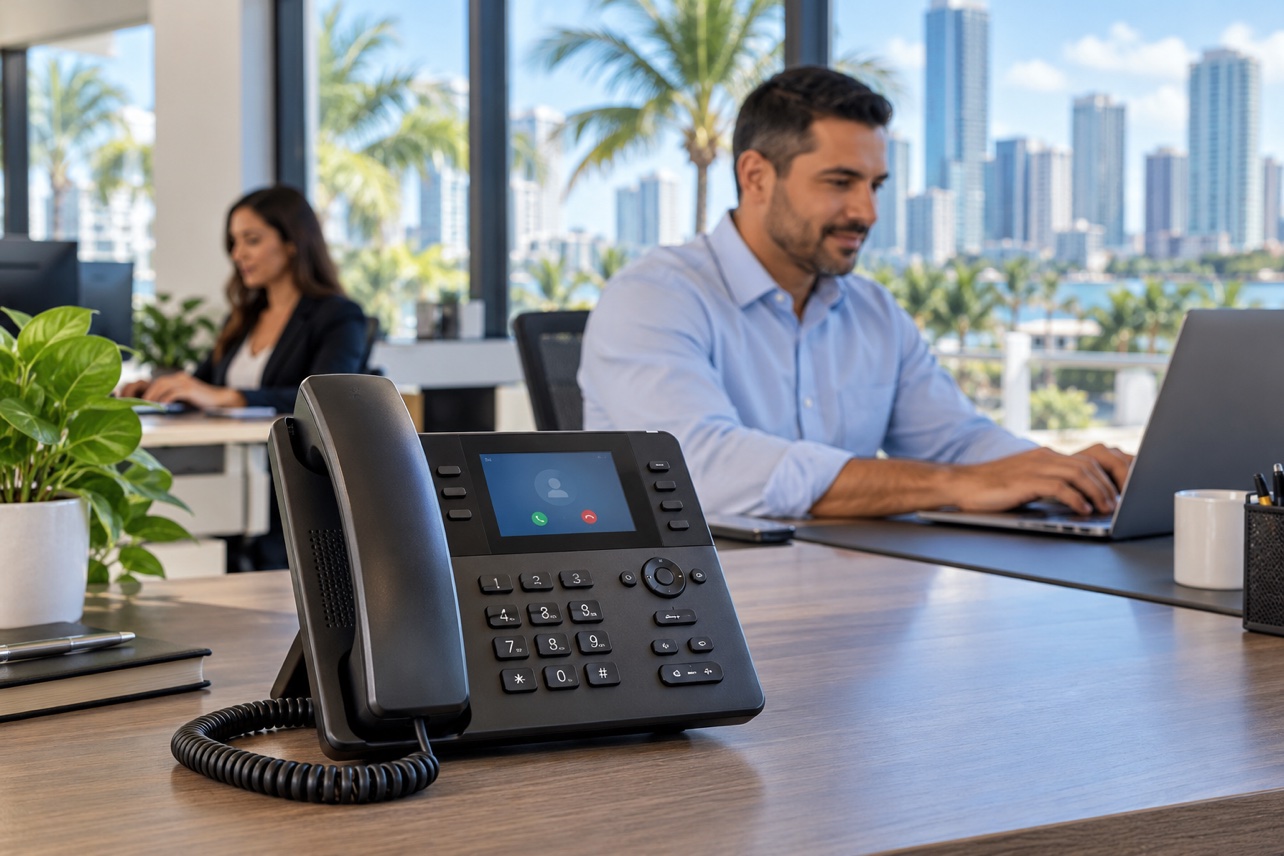 Close-up of a desk phone in an office with a man working in the background and the Miami skyline